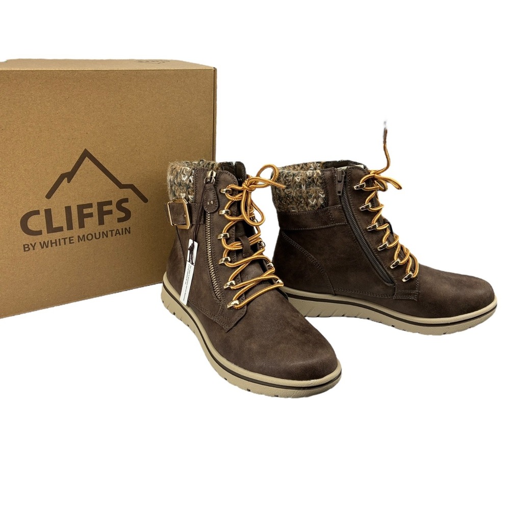 Cliffs by White Mountain Hearten Boots 8.5 Brown Lace Up Hiker Cozy Cuff NIB